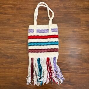 Handmade Crochet Striped Tote Bag With Fringe‎ White Red Blue Purple Boho Hippie